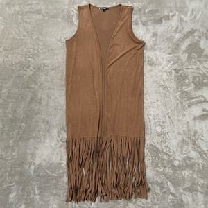 Have Tan Faux Suede Fringe Longline Vest Size Small Western Boho Chic Layering